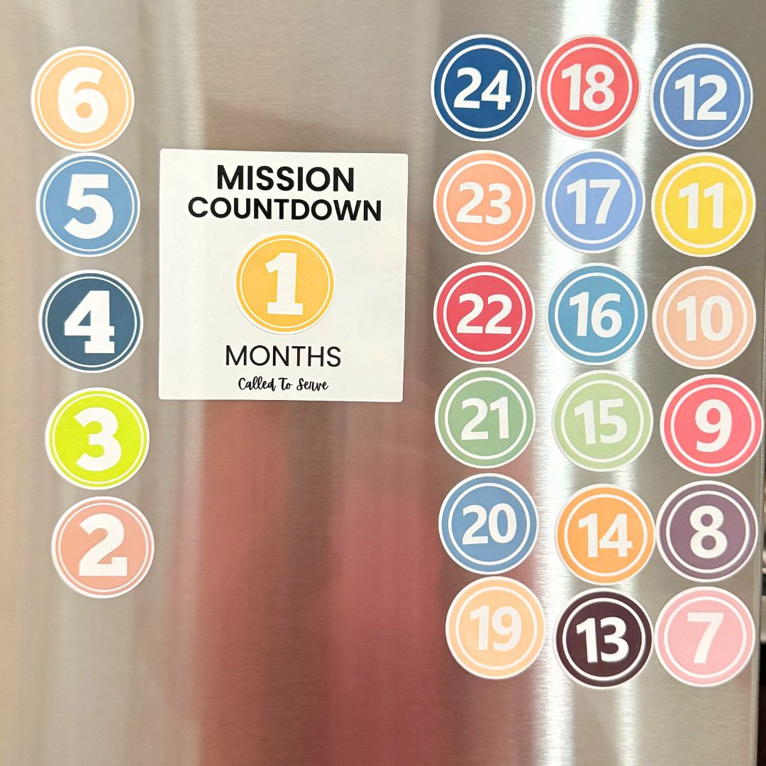 Missionary Countdown Cling with colorful numbered circles on a white square design. LDS mission tracker that sticks to fridge, mirror, window, or frame by GatherSunshine