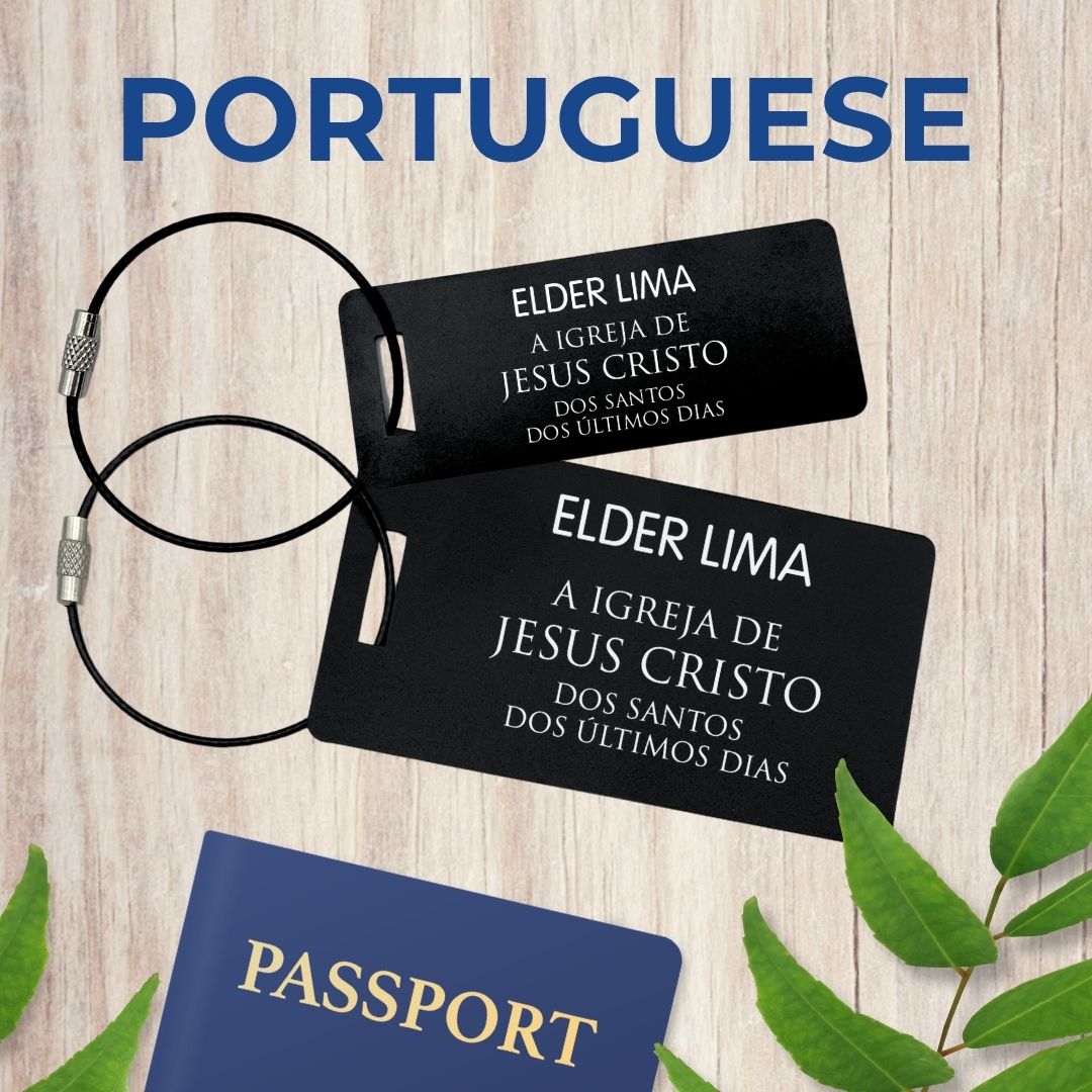 Small (3x1 inch) and large (3.5x2 inch) missionary-style tags in Portuguese, personalized and engraved on black aluminum. A practical and personal gift by GatherSunshine.
