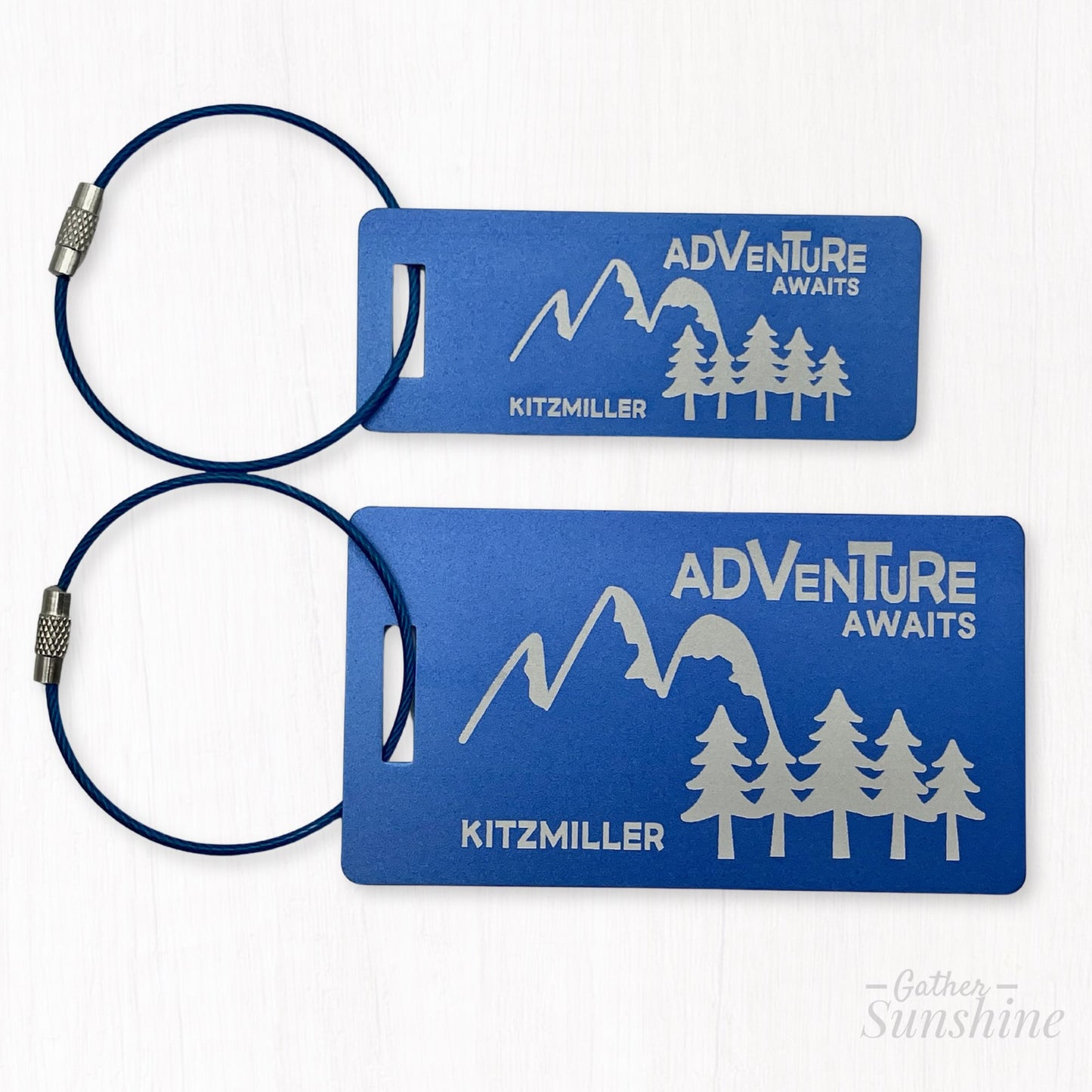 Adventure Awaits Luggage Tag – Mountain Design – Custom Engraved Travel Tag in 8 Colors – Small, Large, or Set
