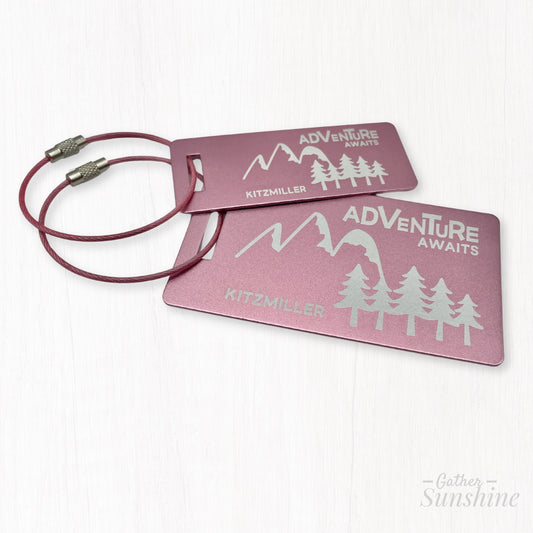 Adventure Awaits Luggage Tag – Mountain Design – Custom Engraved Travel Tag in 8 Colors – Small, Large, or Set