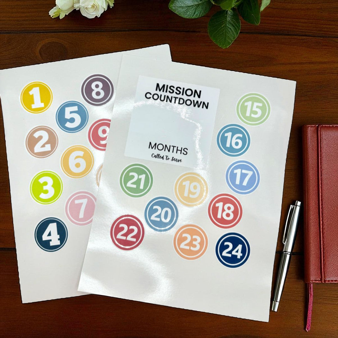 Missionary Countdown Cling with colorful numbered circles on a white square design. LDS mission tracker that sticks to fridge, mirror, window, or frame by GatherSunshine