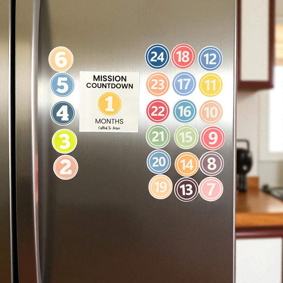 Missionary Countdown Cling with colorful numbered circles on a white square design. LDS mission tracker that sticks to fridge, mirror, window, or frame by GatherSunshine