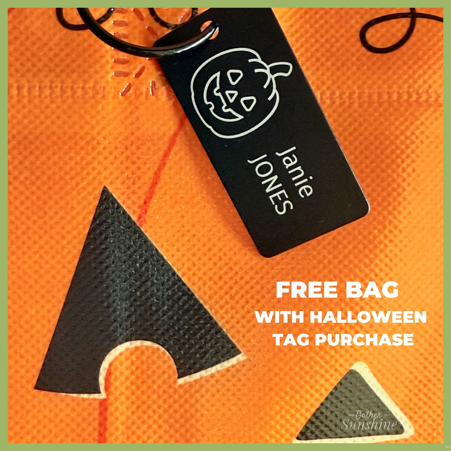 Close-up of engraved Halloween tag with pumpkin design and child’s name by Gather Sunshine.