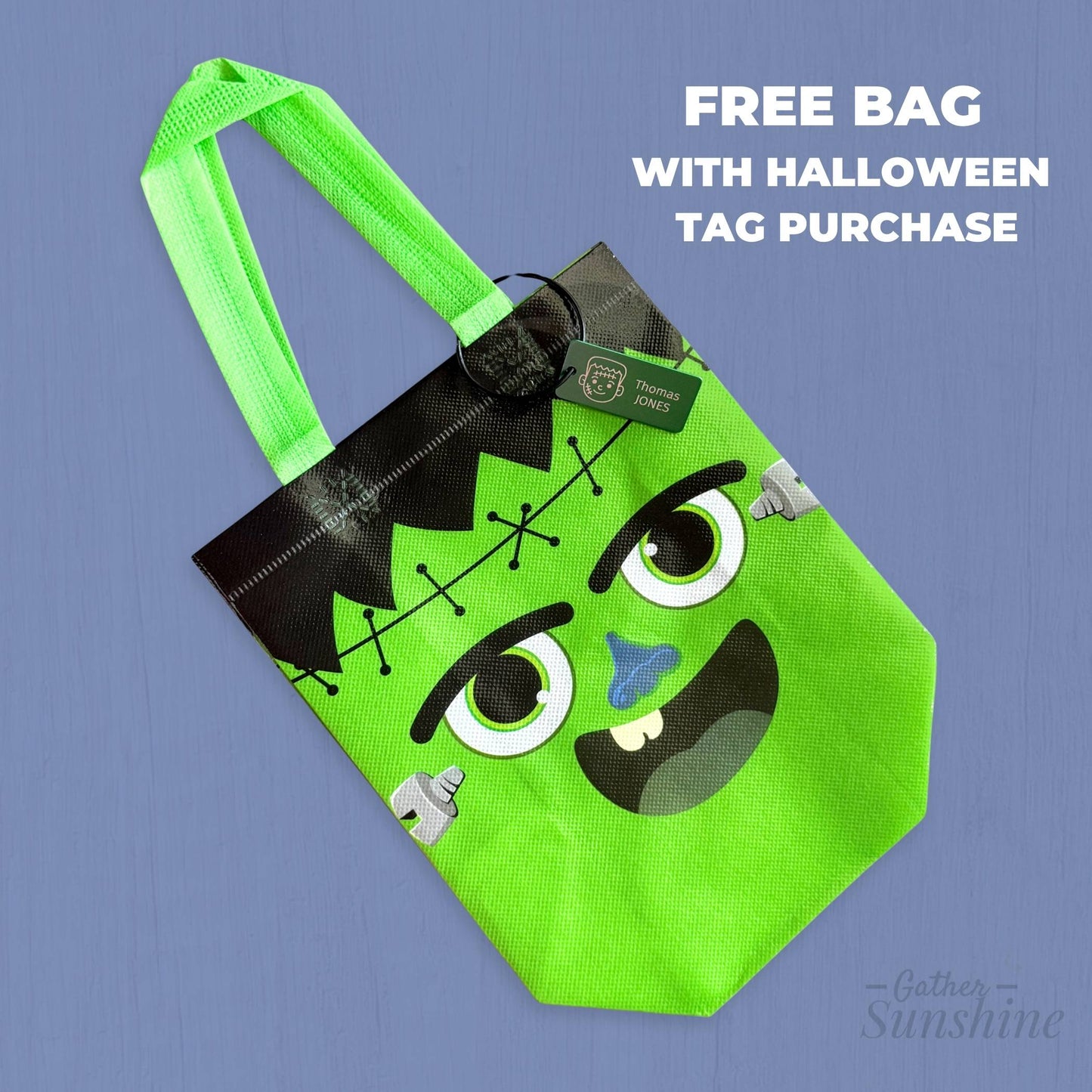Green Frankenstein Halloween trick-or-treat bag with personalized engraved Frankenstein name tag, Gather Sunshine.