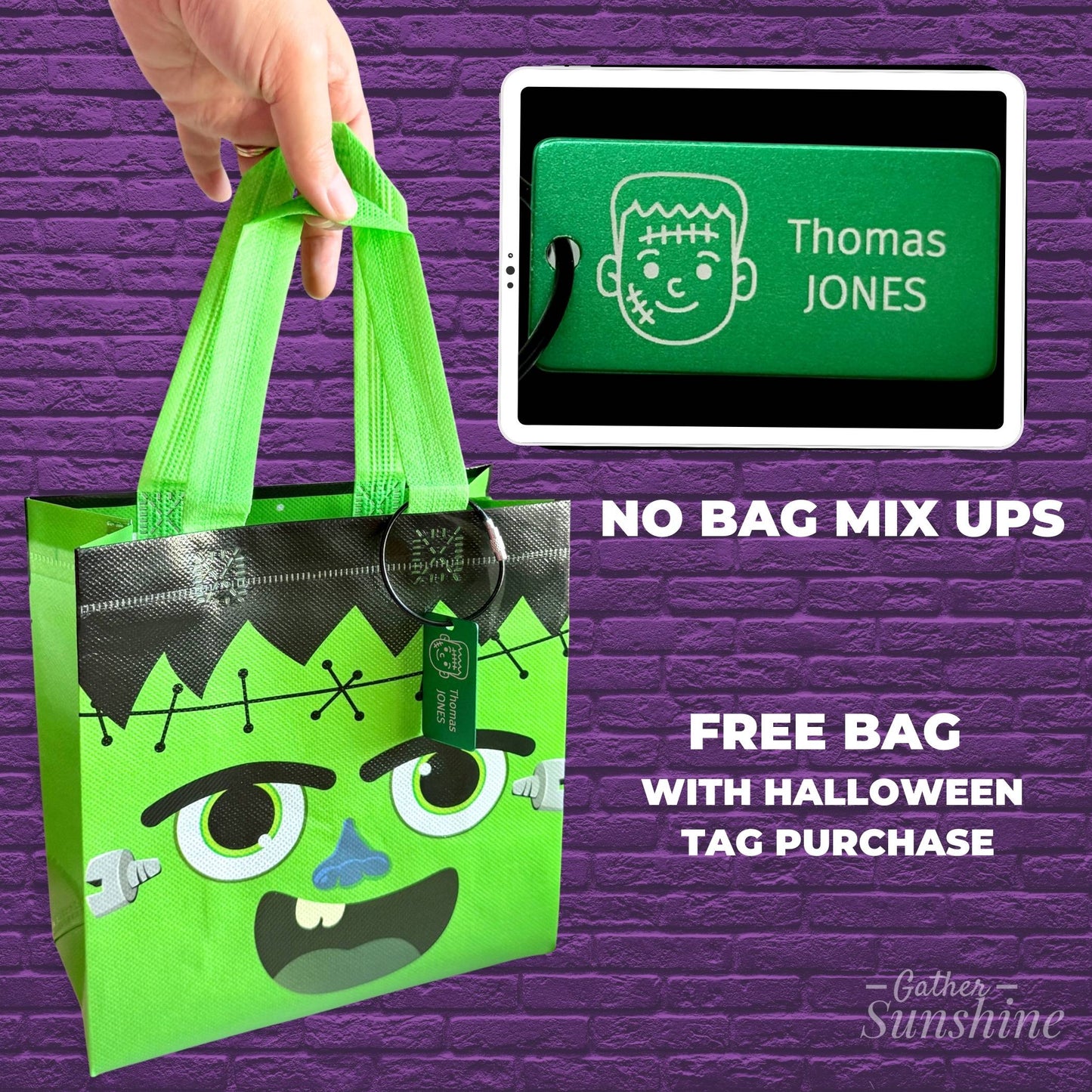 Green Frankenstein Halloween trick-or-treat bag with personalized engraved Frankenstein name tag, Gather Sunshine.