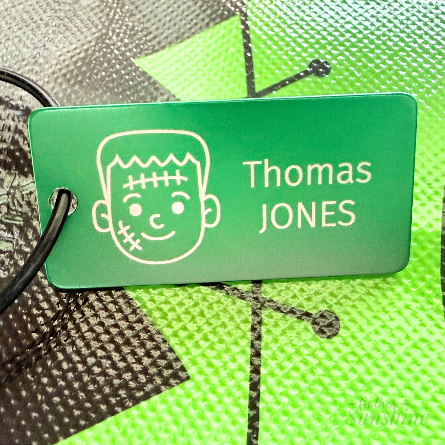 Green personalized engraved Frankenstein name tag, Gather Sunshine.