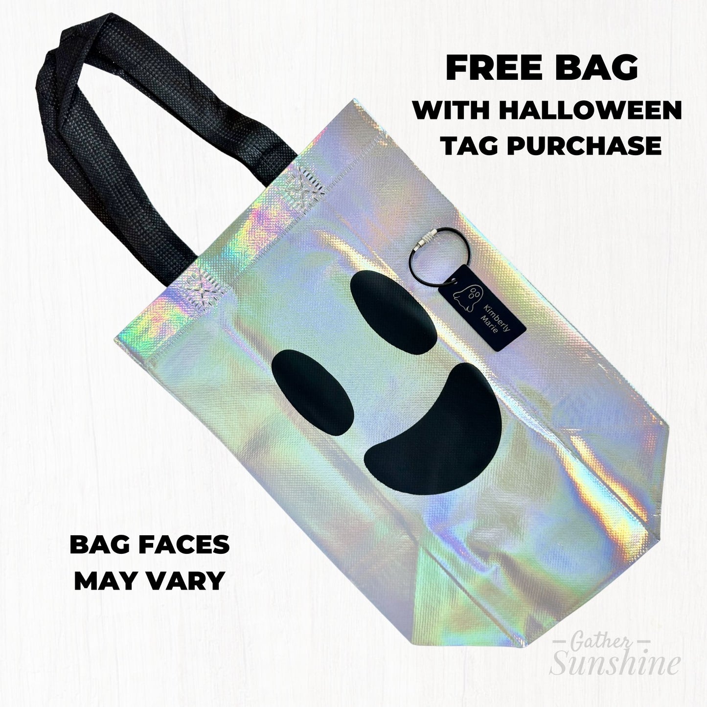 Holographic bag with ghost face design and text about a free bag offer with Halloween tag purchase by Gather Sunshine.