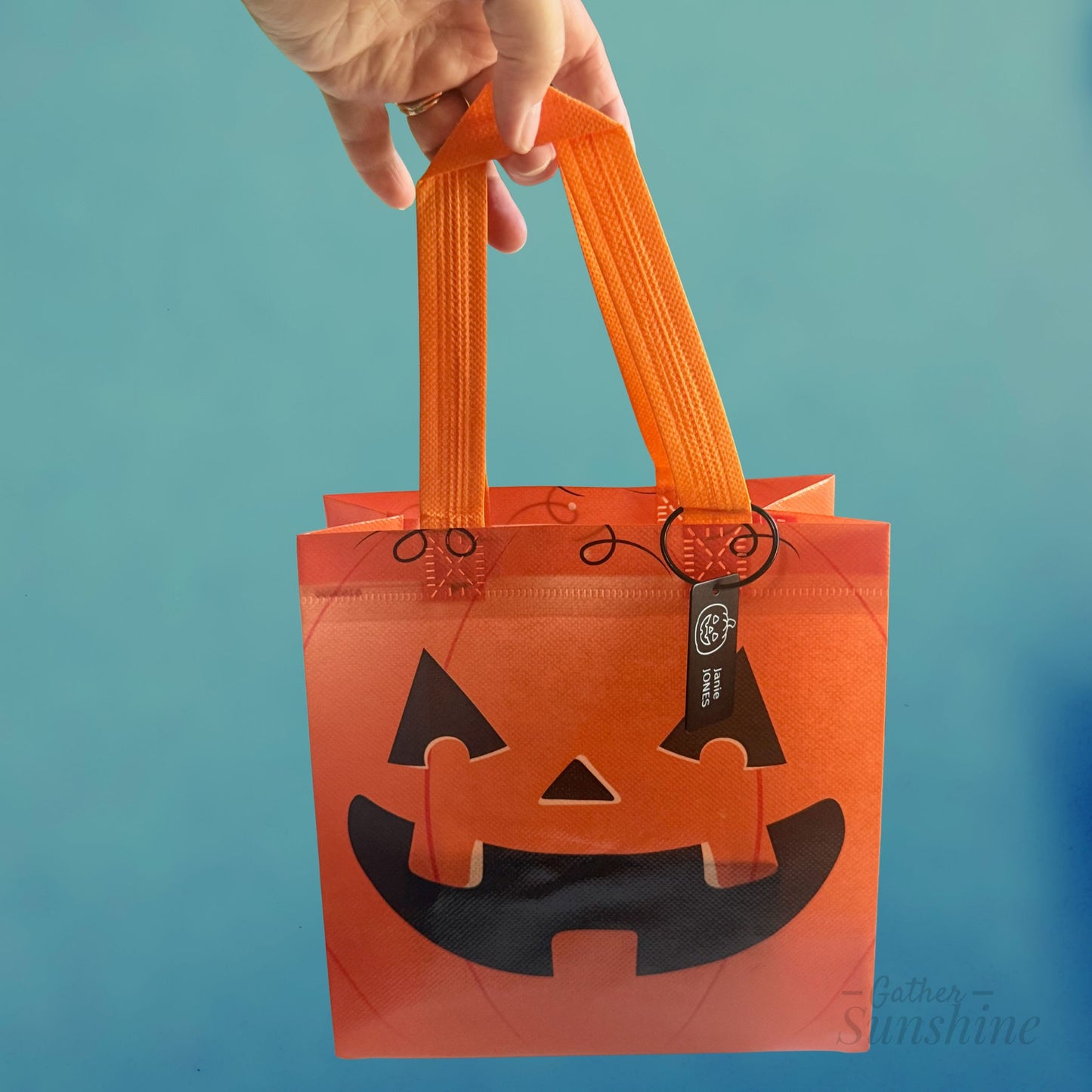 Black jack-o-lantern tag arrange Halloween treat bag with pumpkin face design held by a hand against a blue background by Gather Sunshine.