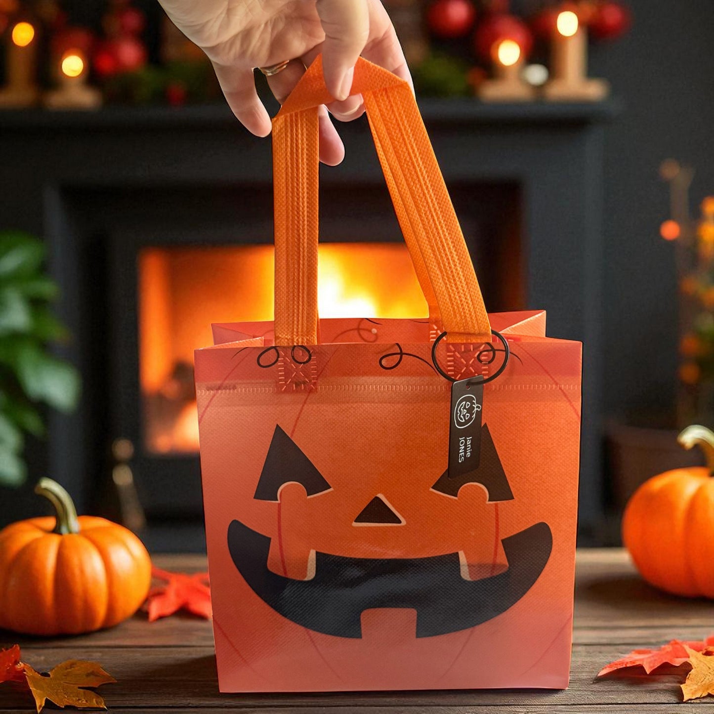 Pumpkin Halloween tote bag with custom name tag in cozy fall setting by Gather Sunshine.