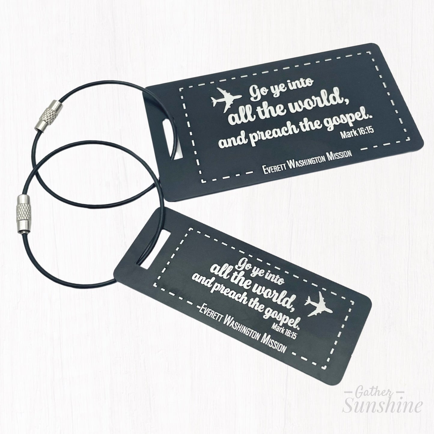 Small and large luggage tags with motivational "Go ye into all the world and preach the gospel" by Gather Sunshine.