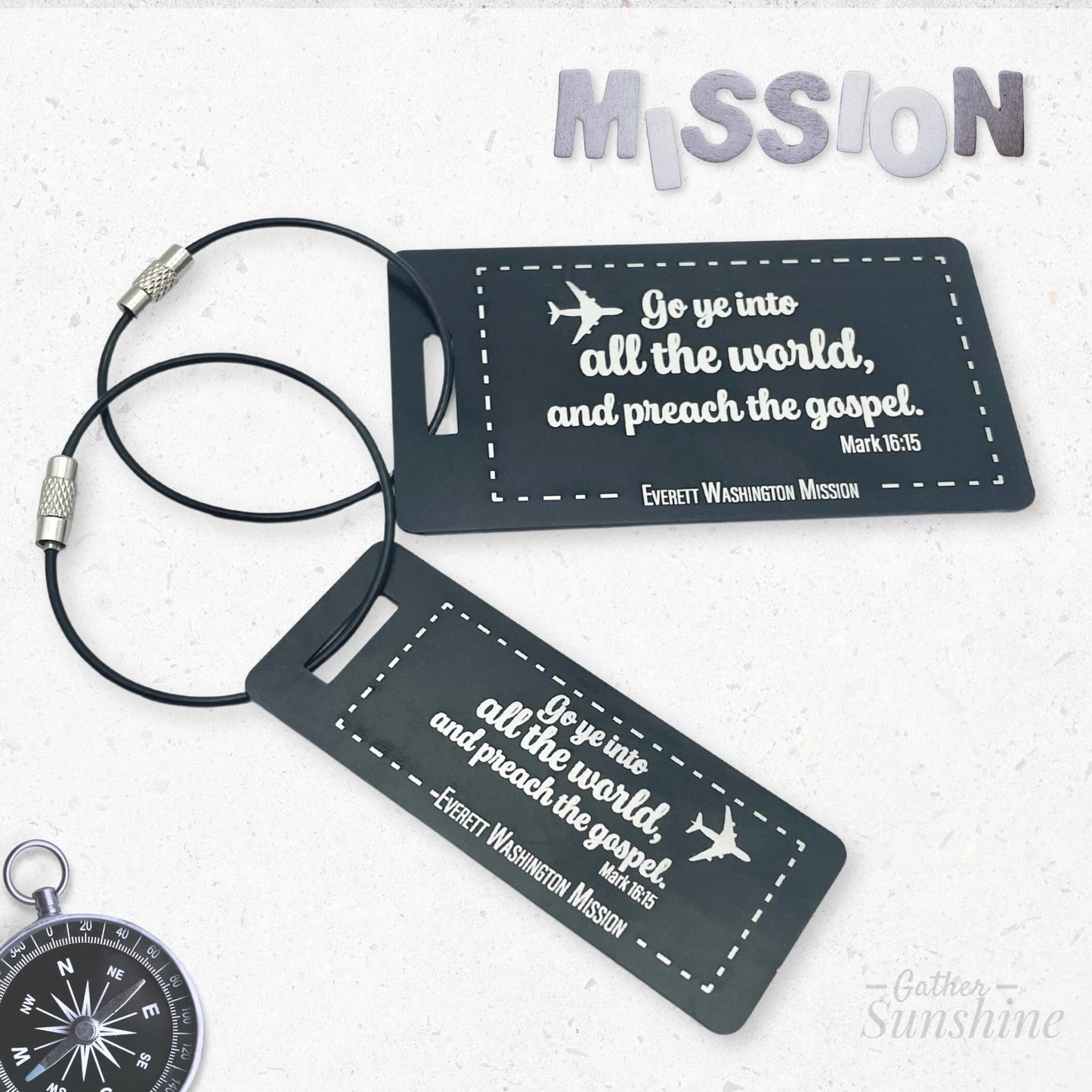 Missionary luggage tag gift with scripture “Go ye into all the world and preach the gospel” (Mark 16:15), black engraved metal travel tag with cable loop. Perfect LDS missionary gift and Christian travel accessory. Gather Sunshine.
