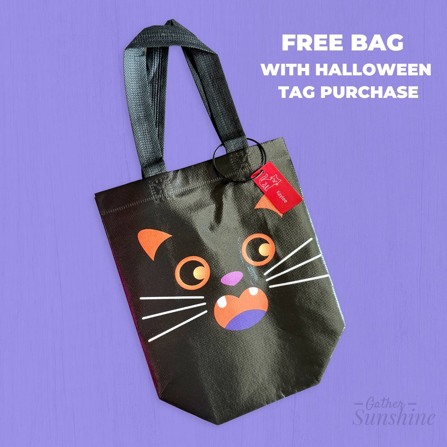 Orange Halloween cat face trick-or-treat bag with personalized engraved cat name tag, purple background Gather Sunshine.