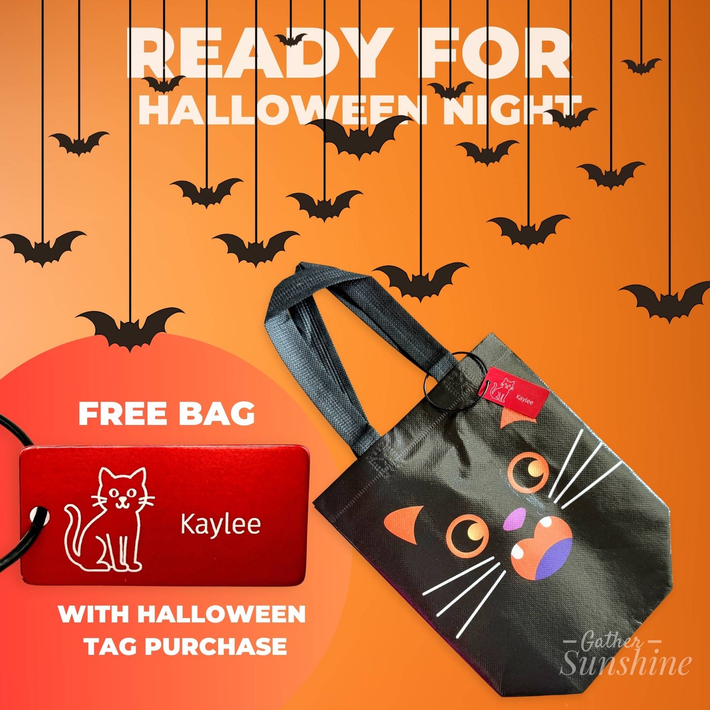 Promo image showing free cat Halloween bag with personalized tag purchase by Gather Sunshine.