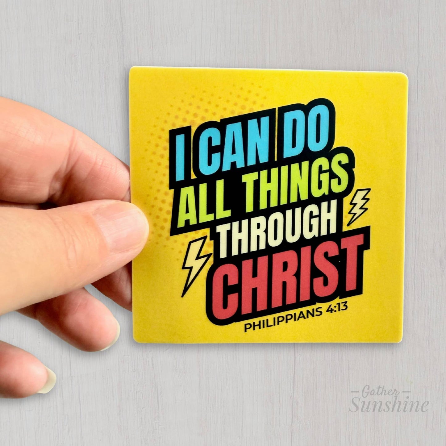 Hand holding waterproof Christian sticker 3 inch size by Gather Sunshine