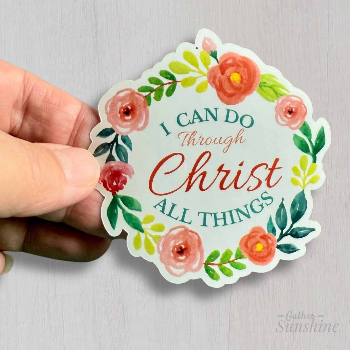 Hand holding waterproof Christian sticker 3 inch size by Gather Sunshine