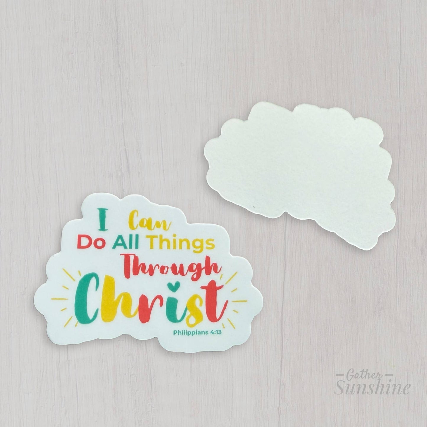 Front & Back of scripture stickers Philippians 4:13 by Gather Sunshine