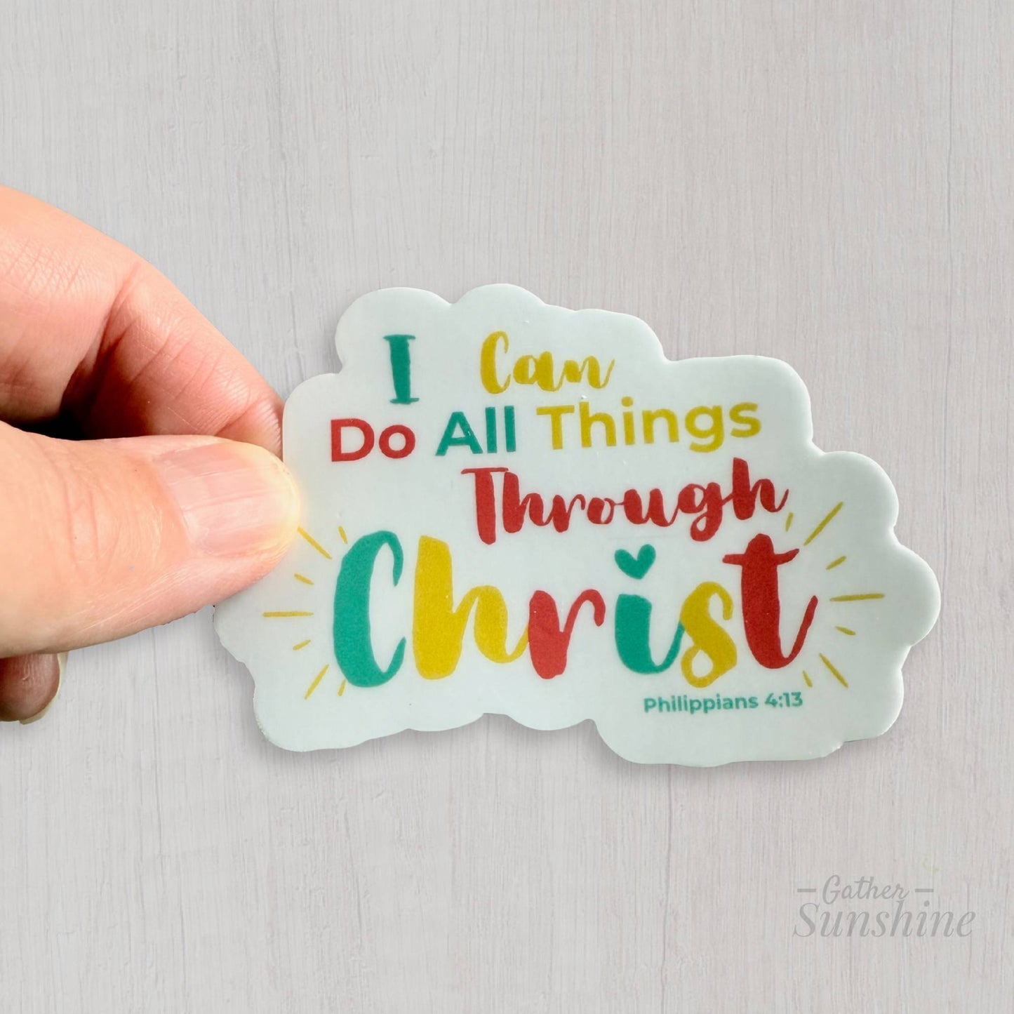 Hand holding waterproof Christian sticker 3 inch size by Gather Sunshine