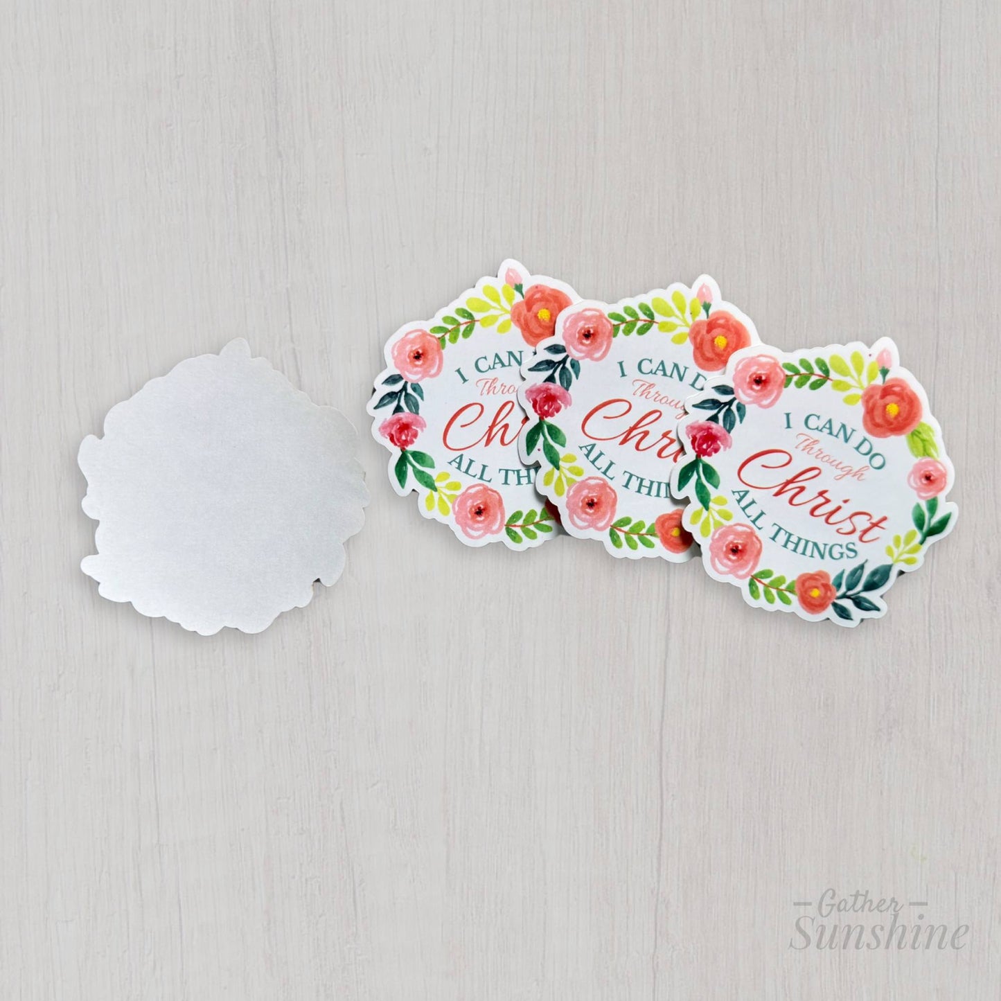 Set of 3 overlapping scripture stickers Philippians 4:13 and back of sticker by Gather Sunshine