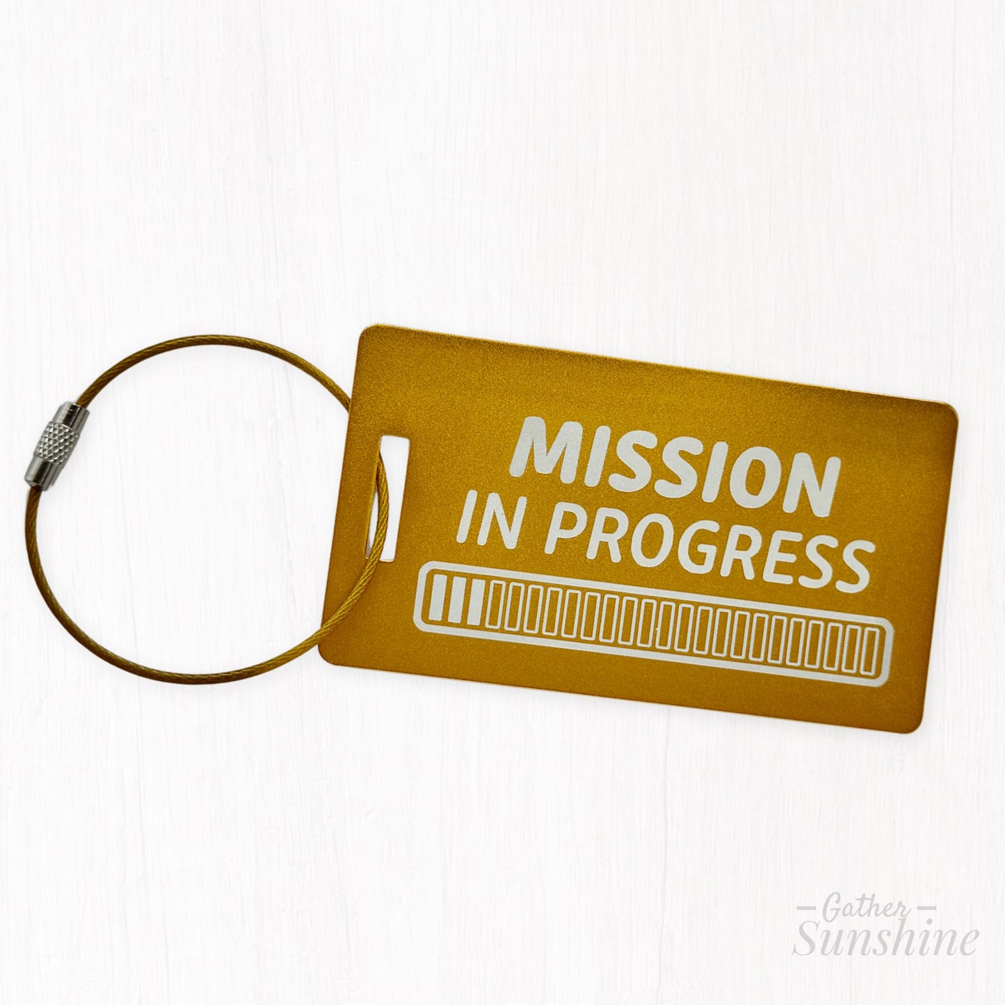 Large yellow 3.5x2 inch “Mission in Progress” tag featuring an engraved 24 progress bar design. Personalized LDS missionary gift by GatherSunshine.