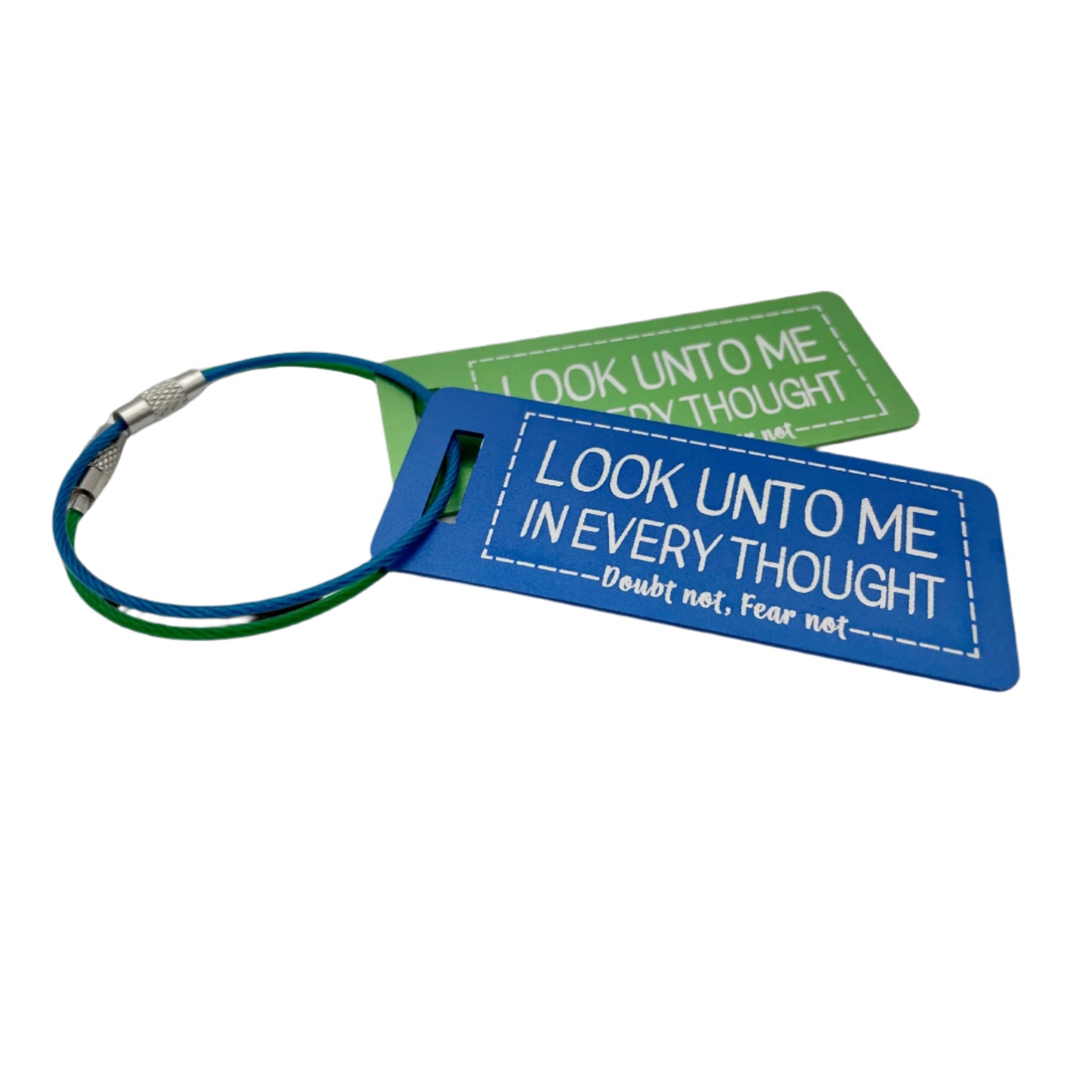 Two keychains with motivational phrase "Look Unto Me In Every Thought — Doubt Not, Fear Not” on a white backgroundCustom inspirational tag by GatherSunshine.
