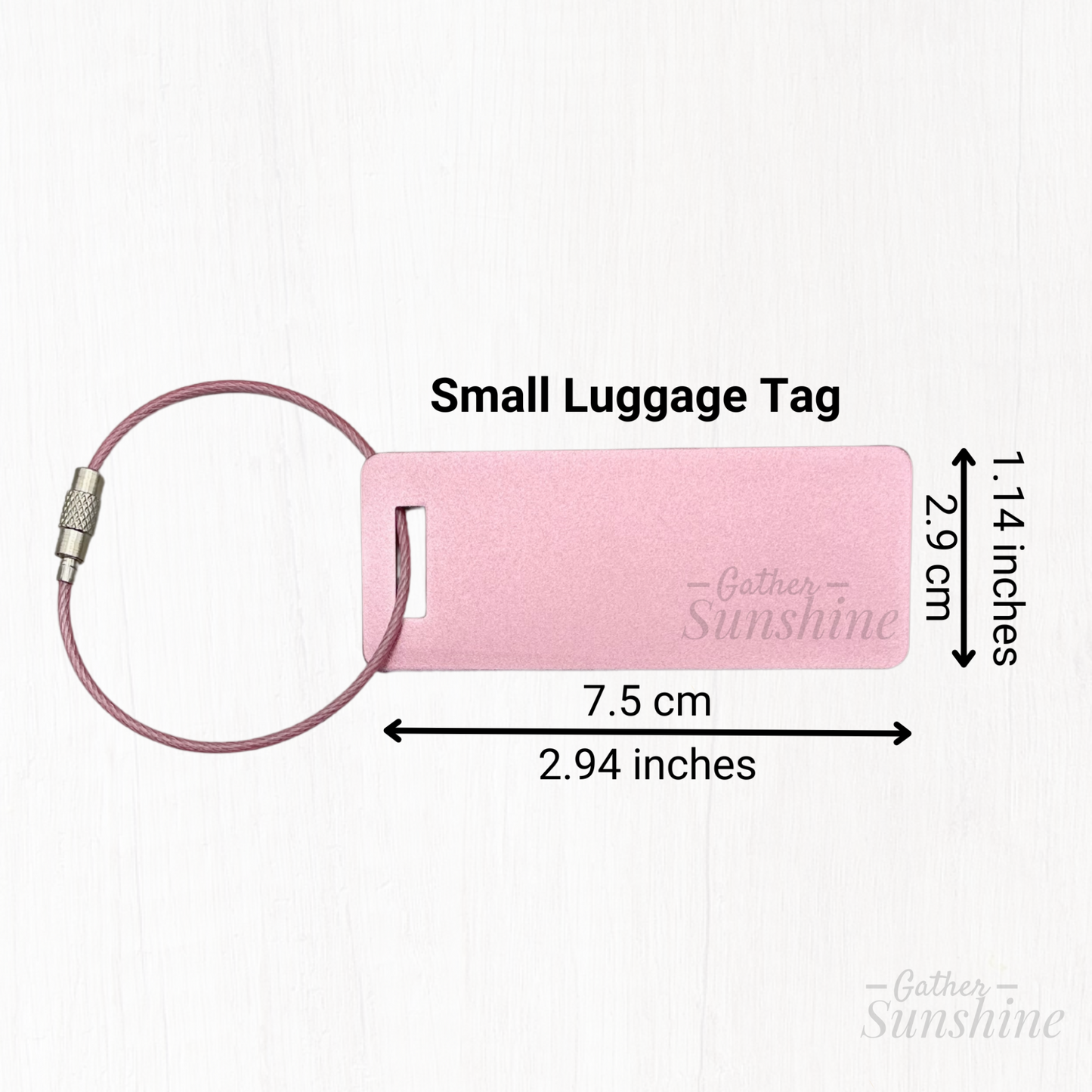 Sample Small Tag in pink with exact measurements of 1.14 inches x 2.94 inches or 2.9 cm x 7.5 cm. Gathersunshine