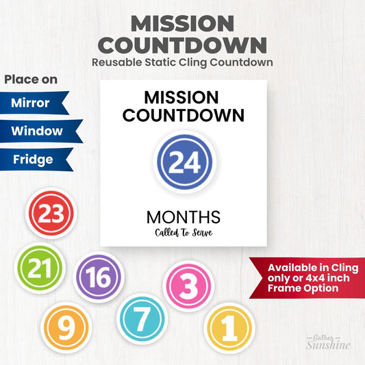 Mission countdown static cling shown on placement options for mirror, window, or fridge with numbered month clings by Gather Sunshine