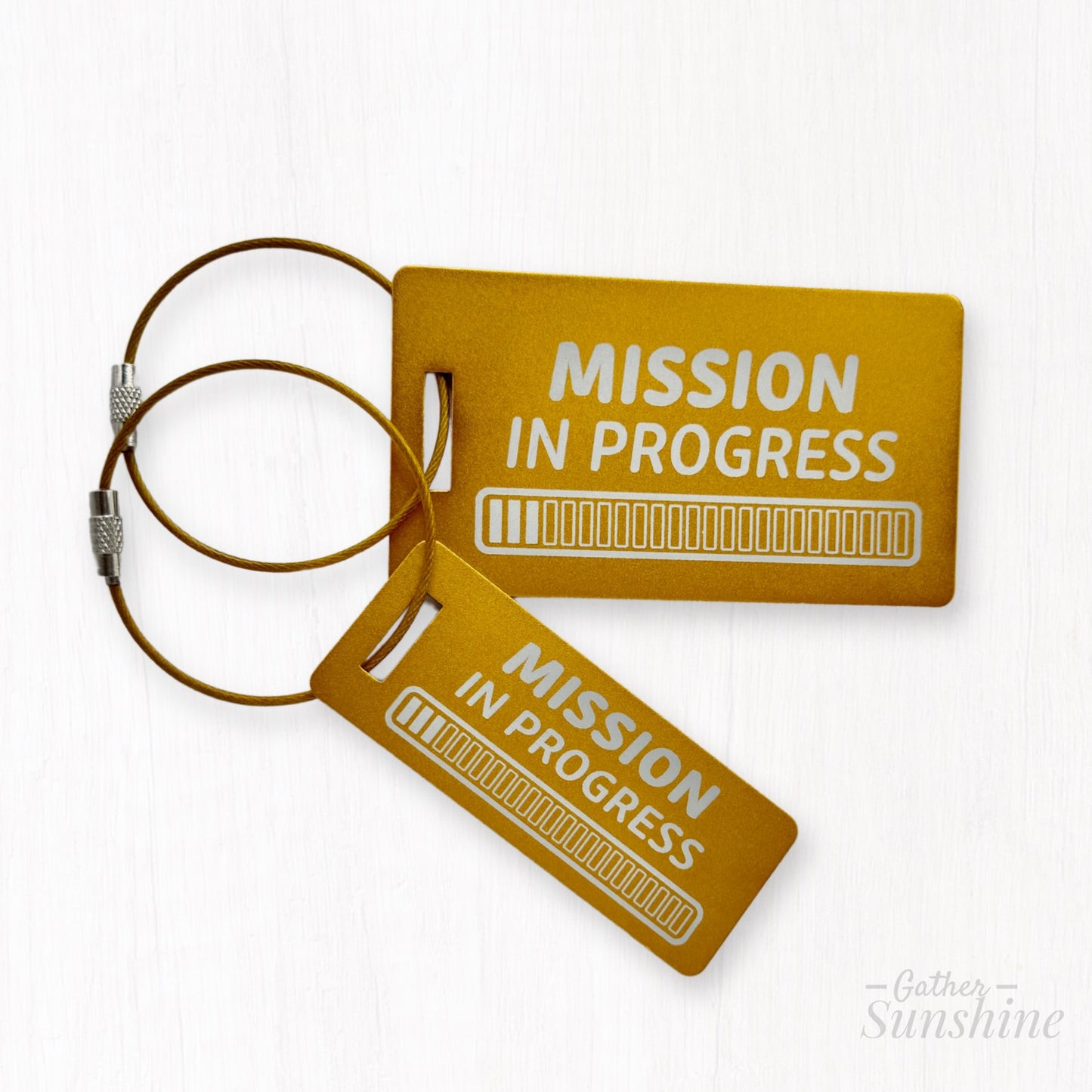 Set of small and large “Mission in Progress” tags with 24 progress bars each. Large tag approx. 3.5 x 2 inches; small tag 3 x 1. Designed by GatherSunshine.