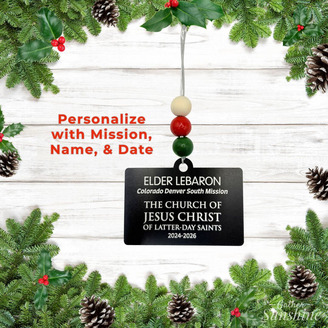 LDS Missionary Tag Christmas ornament . Perfect gift for families of missionaries. Custome engraved by Gather Sunshine.