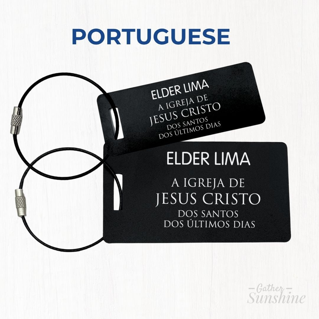Portuguese LDS-inspired missionary luggage tags for “Elder Lima,” shown in small (3x1 inch) and large (3.5x2 inch) sizes. Engraved black aluminum by GatherSunshine.