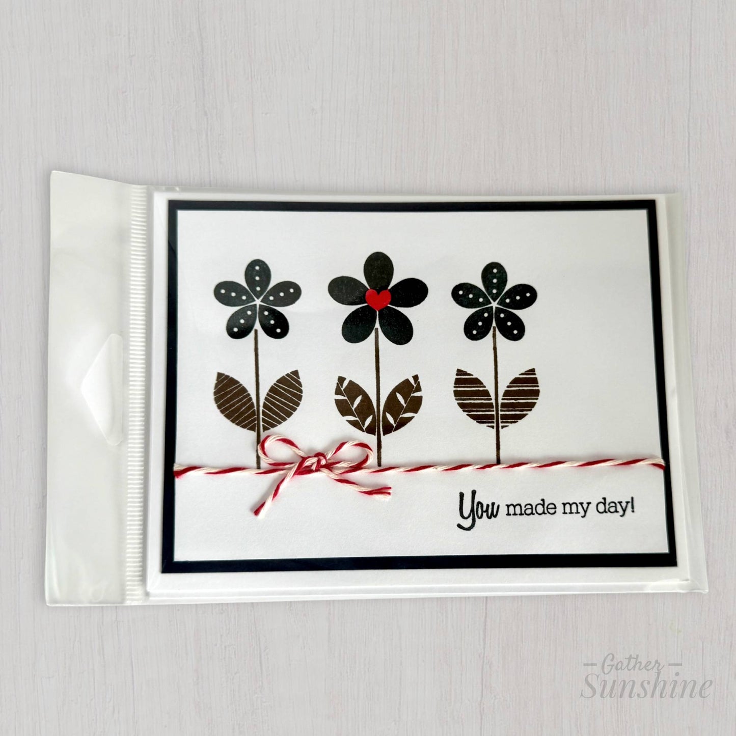 Handmade navy flower thank you card with red heart and “You made my day” phrase in sleeve, Gather Sunshine