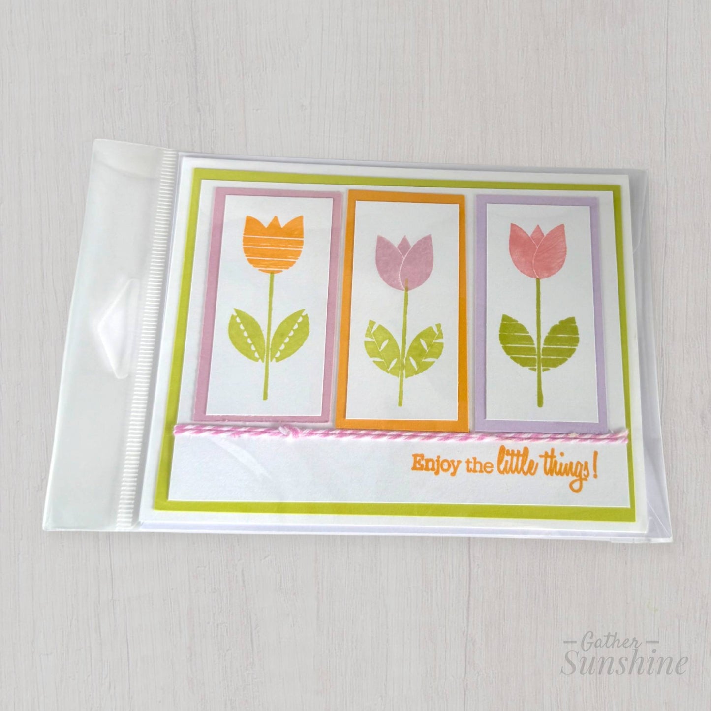 Handmade tulip greeting card with Handmade tulip greeting card with “Enjoy the little things” phrase in protective sleeve, Gather Sunshine stationery