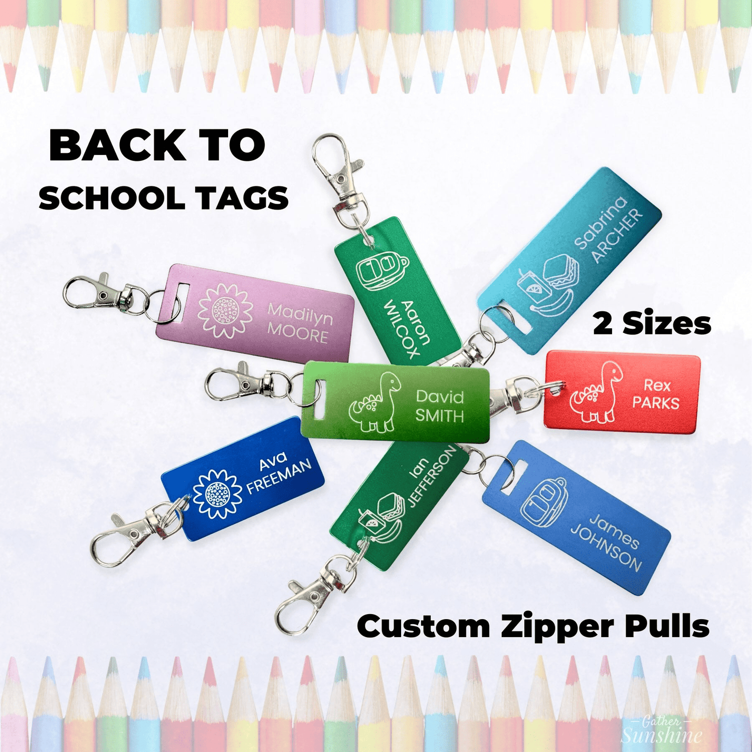 Personalized kids backpack and lunchbox name tags for school and daycare by Gather Sunshine