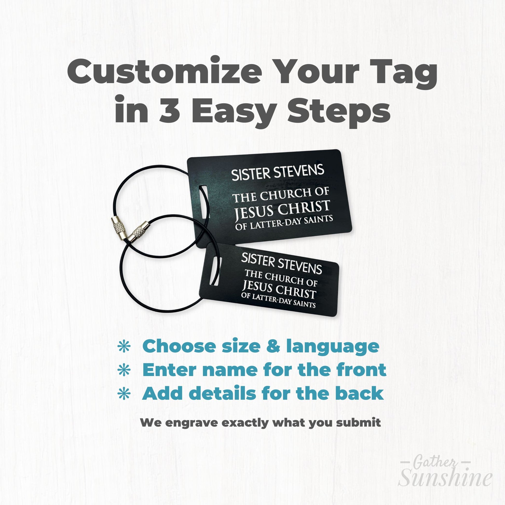 How to customize missionary luggage tag in 3 steps, choose size, language, and add details by Gather Sunshine