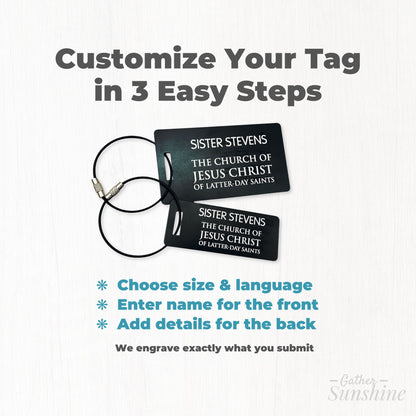 How to customize missionary luggage tag in 3 steps, choose size, language, and add details.