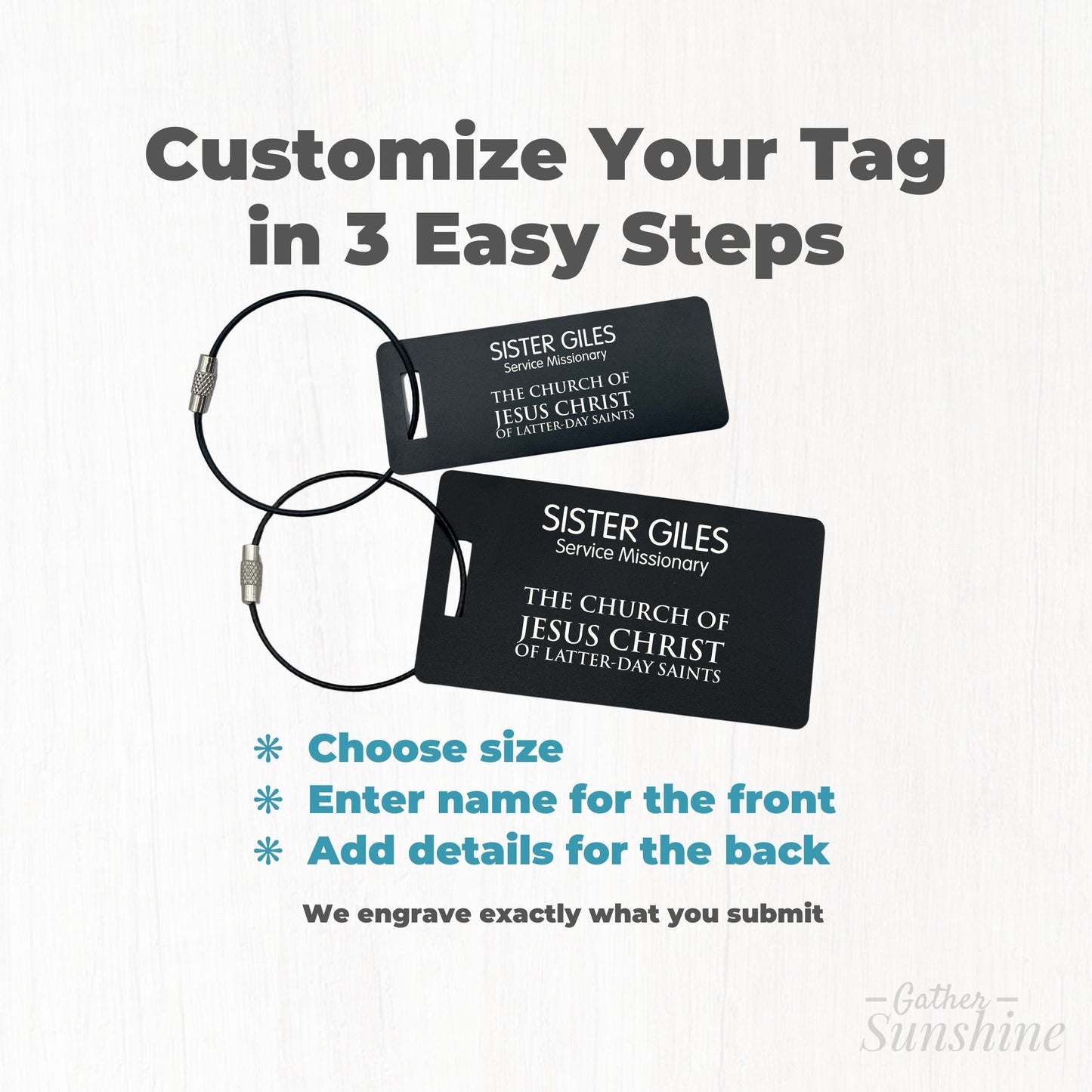 How to customize service missionary tag in 3 steps, choose size, name, and add details by Gather Sunshine