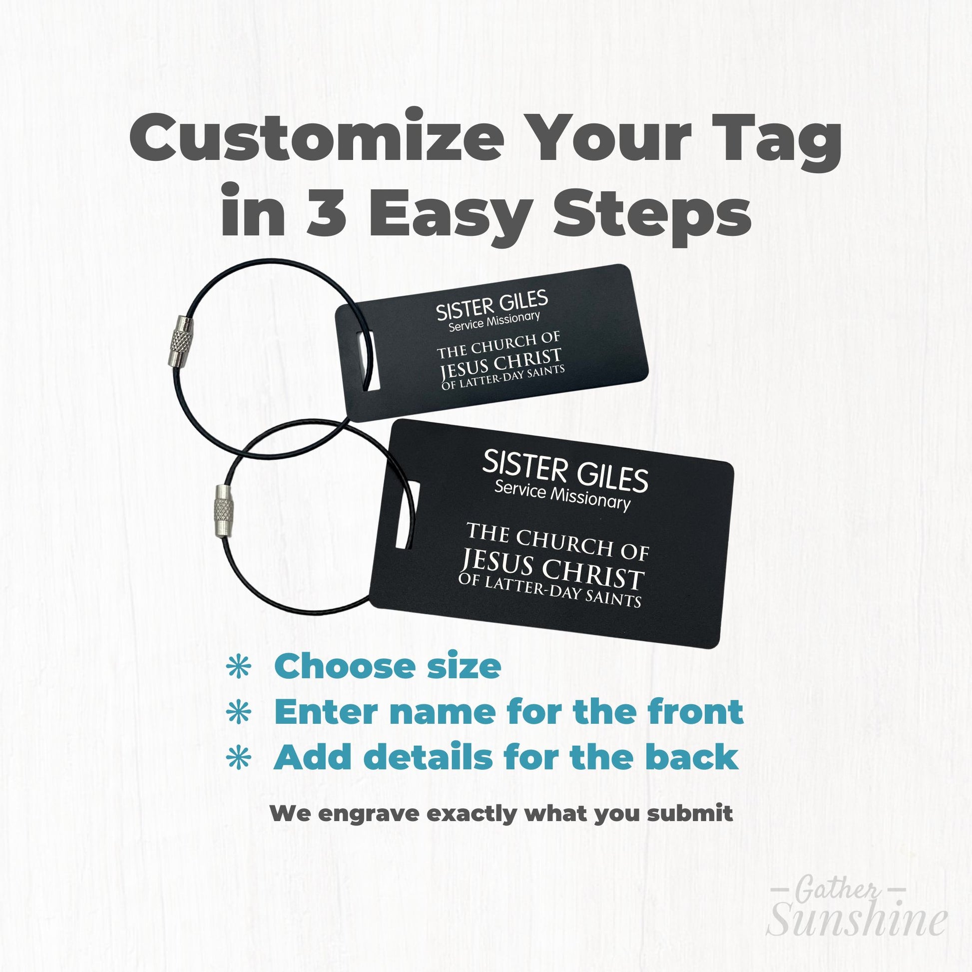 How to customize service missionary tag in 3 steps, choose size, name, and add details by Gather Sunshine