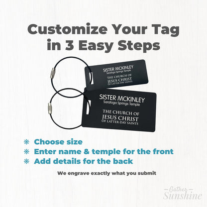 How to customize temple tag in 3 steps, choose size, name and temple, and add details by Gather Sunshine