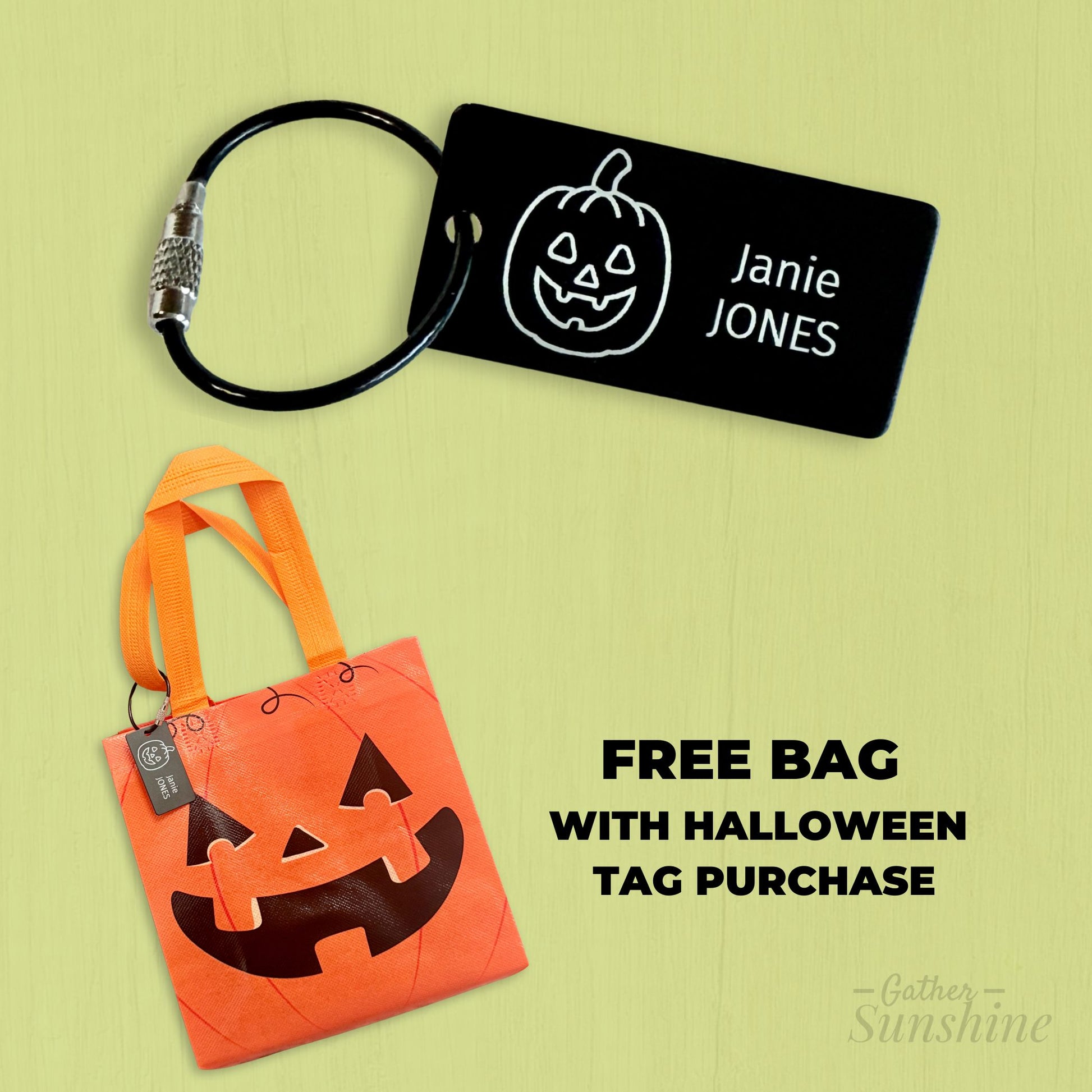 Promo image showing free pumpkin Halloween bag with personalized tag purchase by Gather Sunshine.