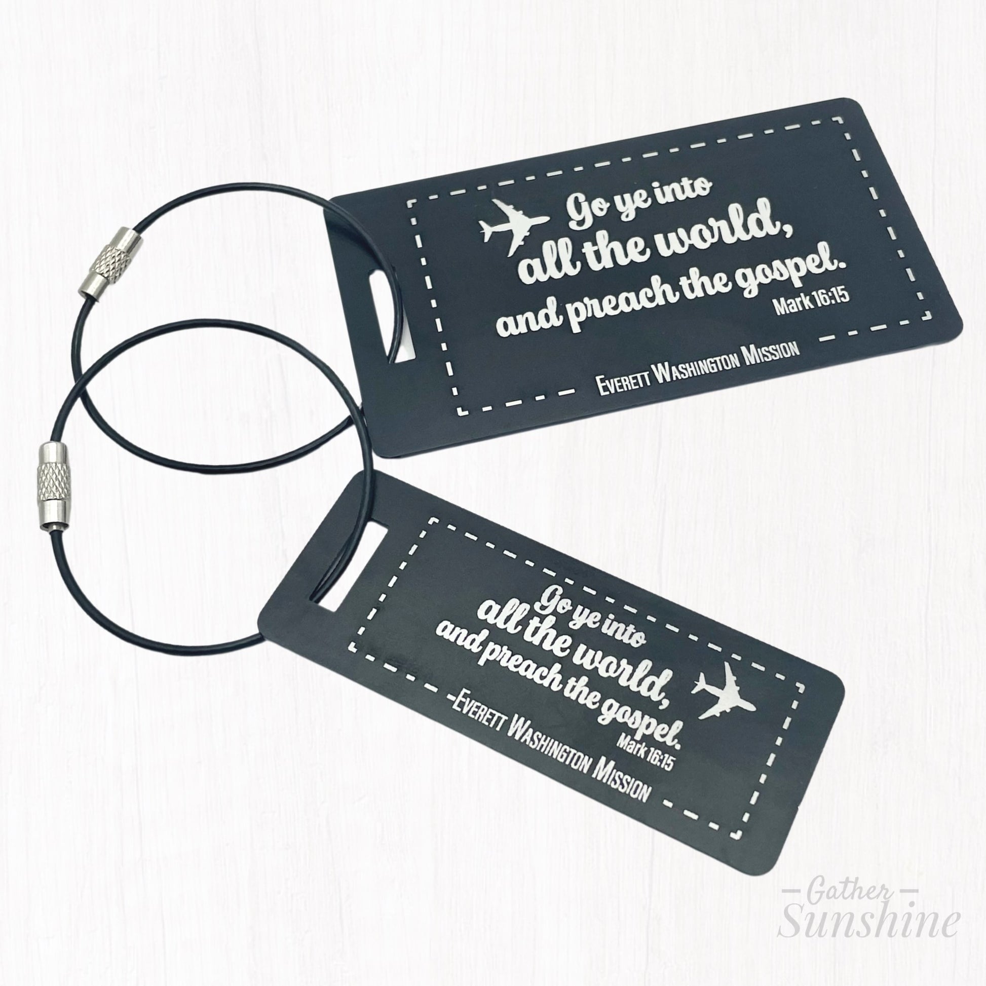 Small and large luggage tags with motivational "Go ye into all the world and preach the gospel" by Gather Sunshine.