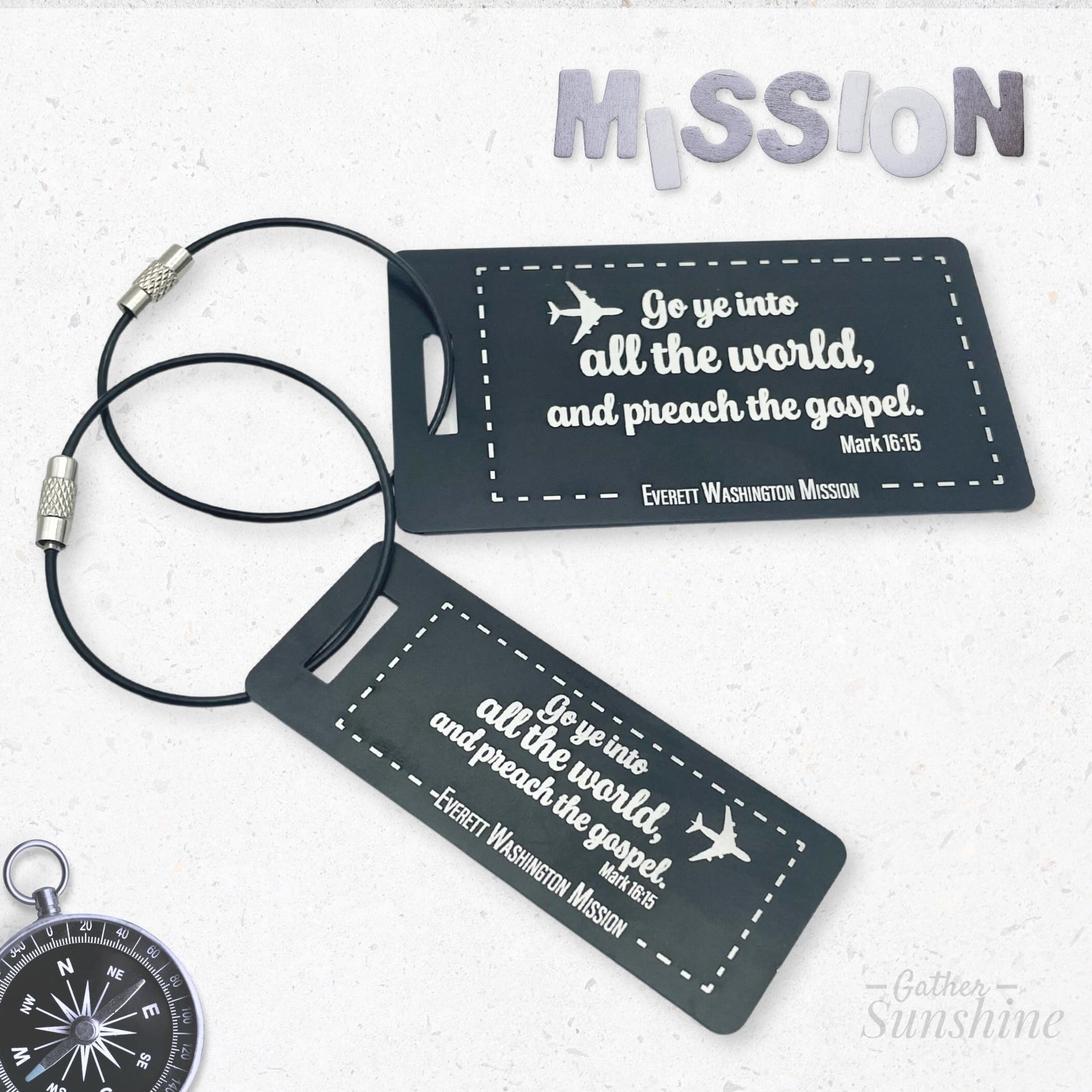 Missionary luggage tag gift with scripture “Go ye into all the world and preach the gospel” (Mark 16:15), black engraved metal travel tag with cable loop. Perfect LDS missionary gift and Christian travel accessory. Gather Sunshine.