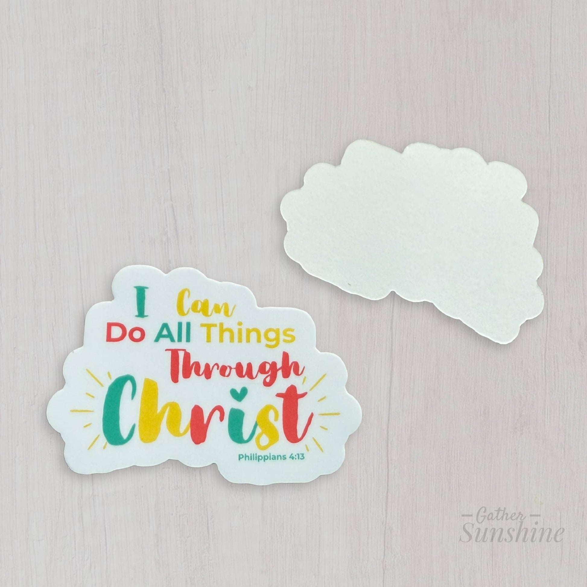 Front & Back of scripture stickers Philippians 4:13 by Gather Sunshine