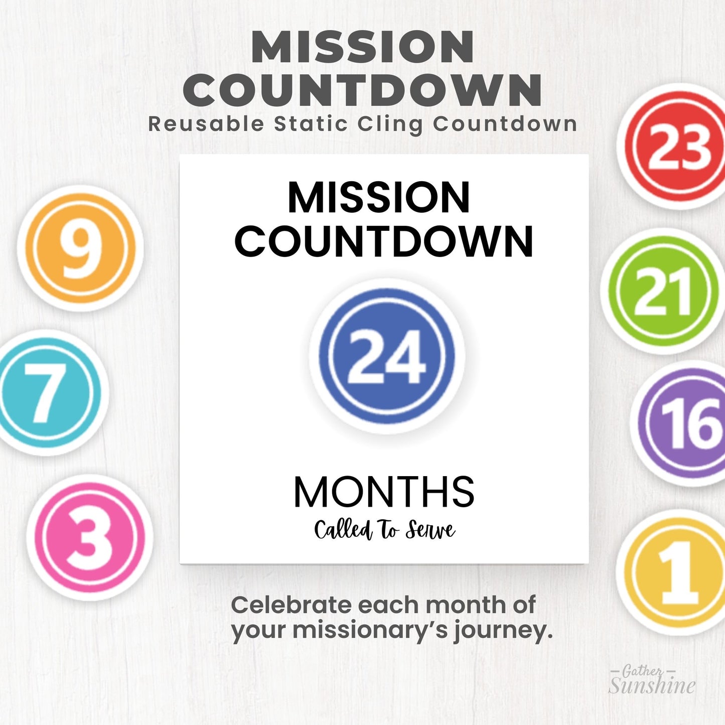 Reusable static cling mission countdown with numbered circles for tracking each month of an LDS missionary’s journey by Gather Sunshine