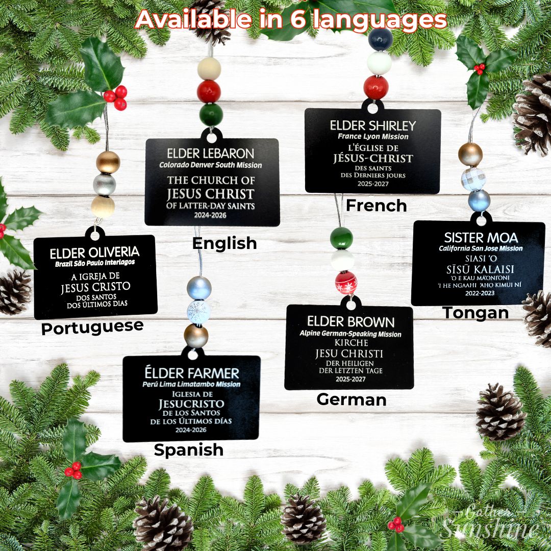 Missionary Ornament Available in 5 Languages – English, French, Spanish, Portuguese, German, Tongan – Gather Sunshine