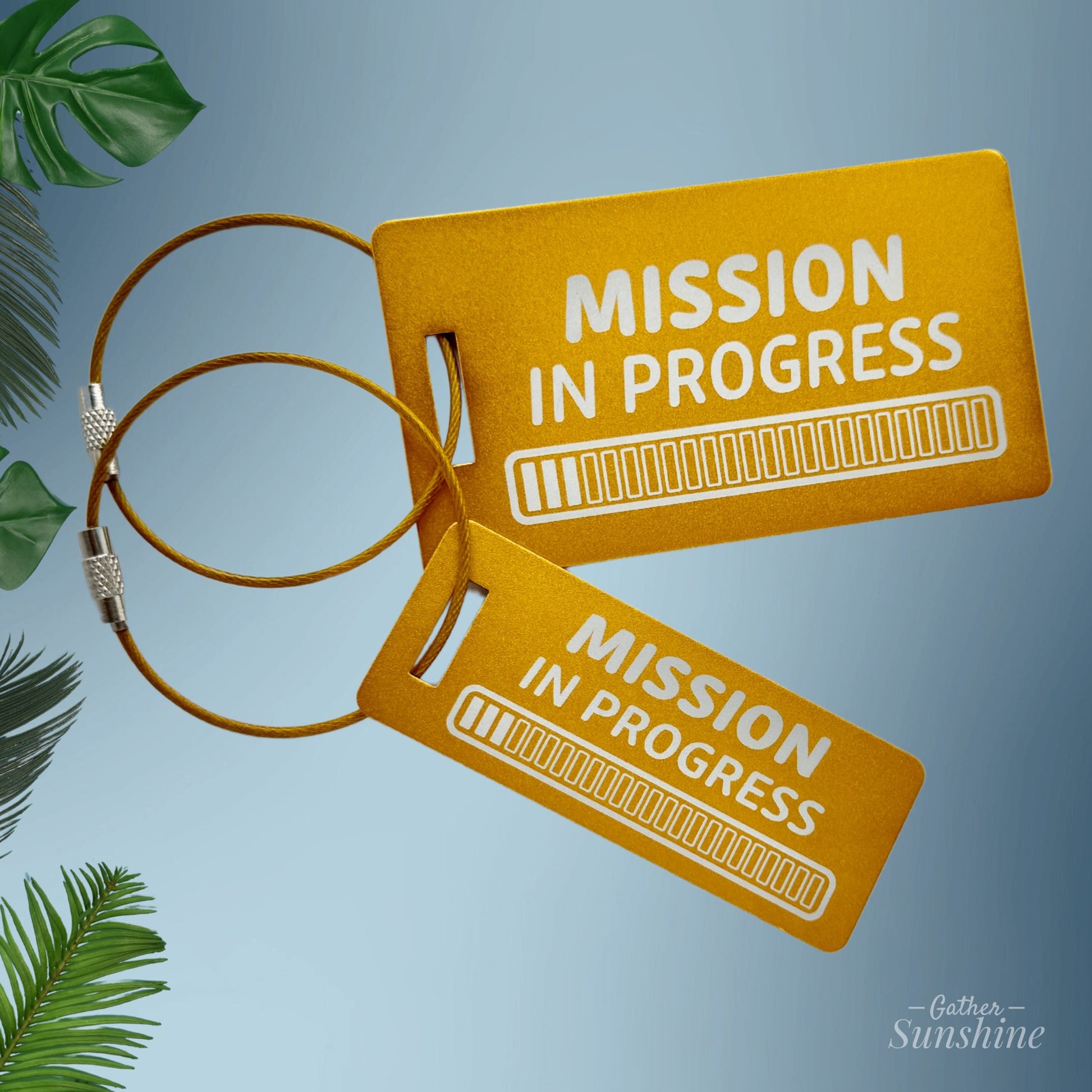 Set of “Mission in Progress” tags on a blue background with leaves on the left. Includes both small (3x1) and large (3.5x2) tags, each with 24 progress bars. Custom LDS gift by GatherSunshine.

