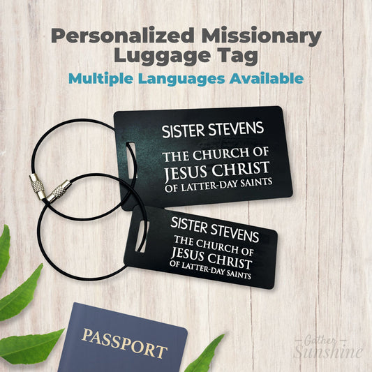Personalized missionary luggage tag with name engraving, multiple languages available, black metal tag with cable loop by Gather Sunshine