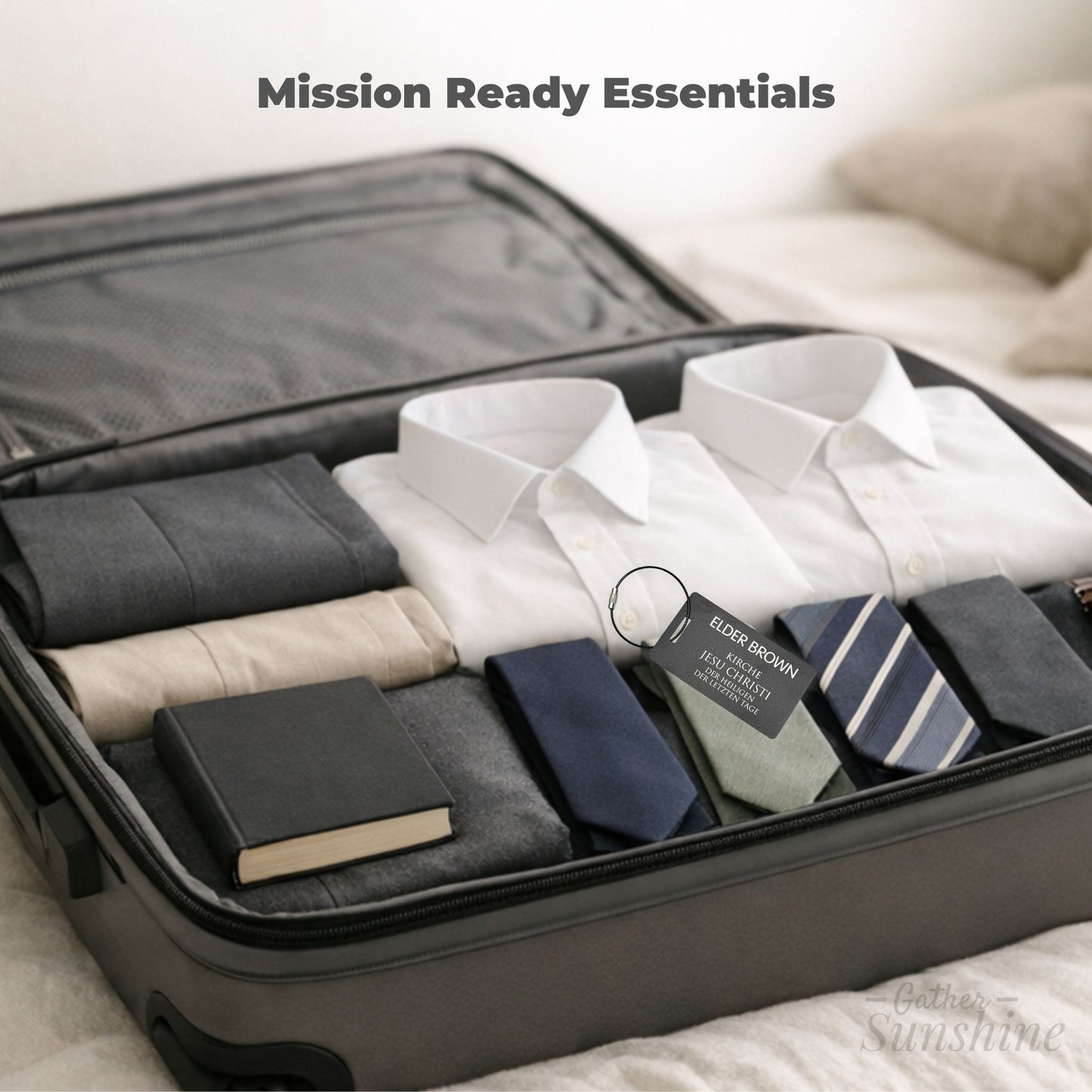 Missionary luggage tag shown in suitcase with clothing and ties, travel-ready personalized bag tag by Gather Sunshine