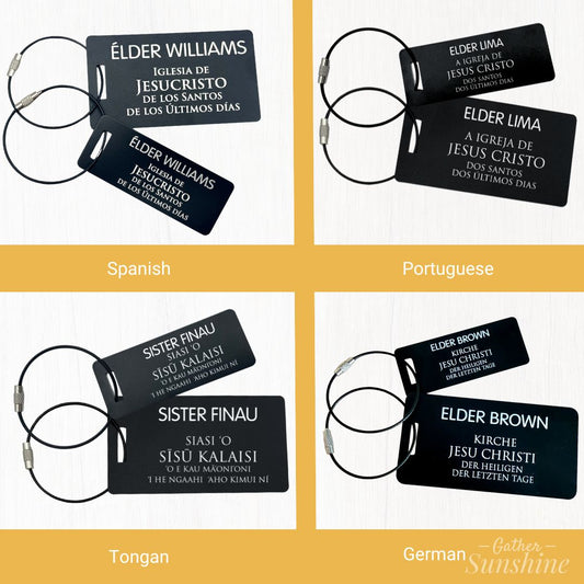 Luggage Tag Sets - Pair of missionary name tags in Spanish, Portuguese, Tongan, and German by Gather Sunshine.