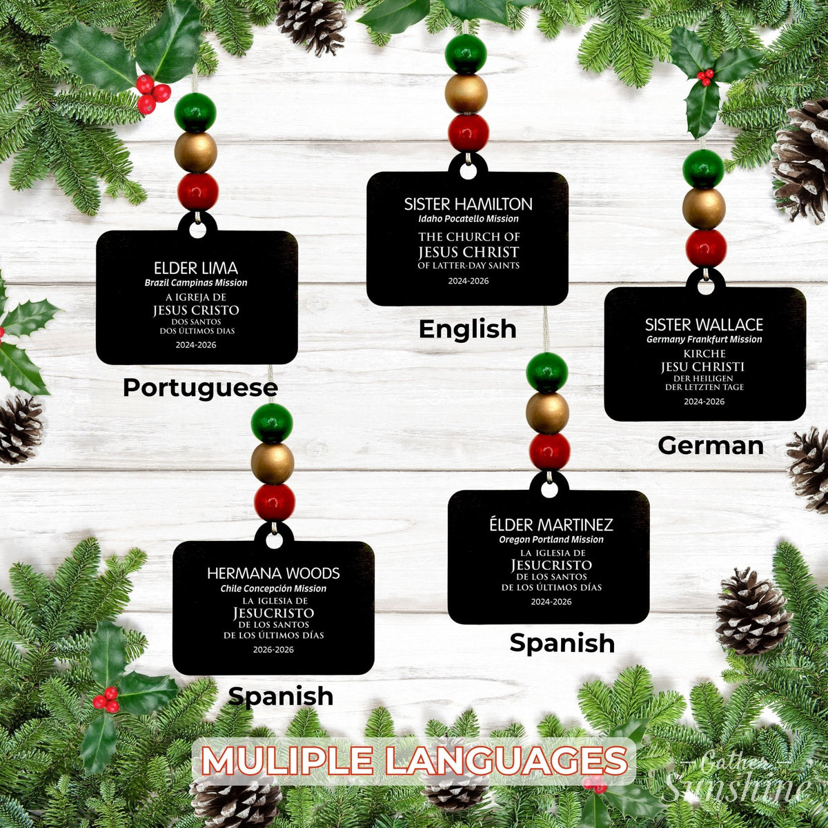 Examples of personalized missionary name tag ornaments in several languages, displayed with different bead colors.