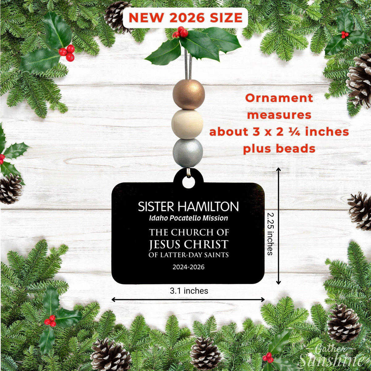 Missionary name tag ornament with callouts showing its approximate size and the personalized details on the tag.