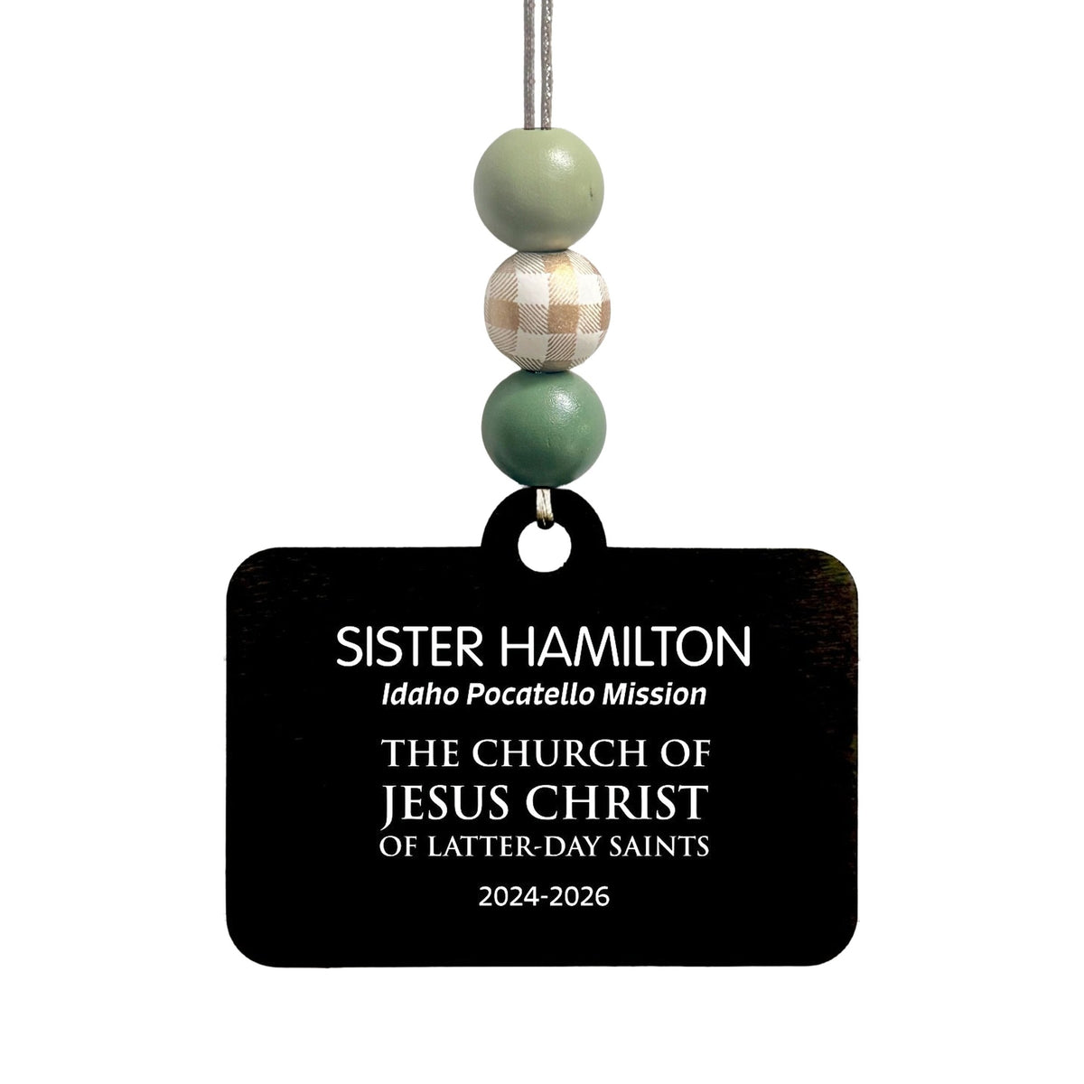 Bead option B on the English missionary name tag ornament: light sage green, plaid and sage green beads.